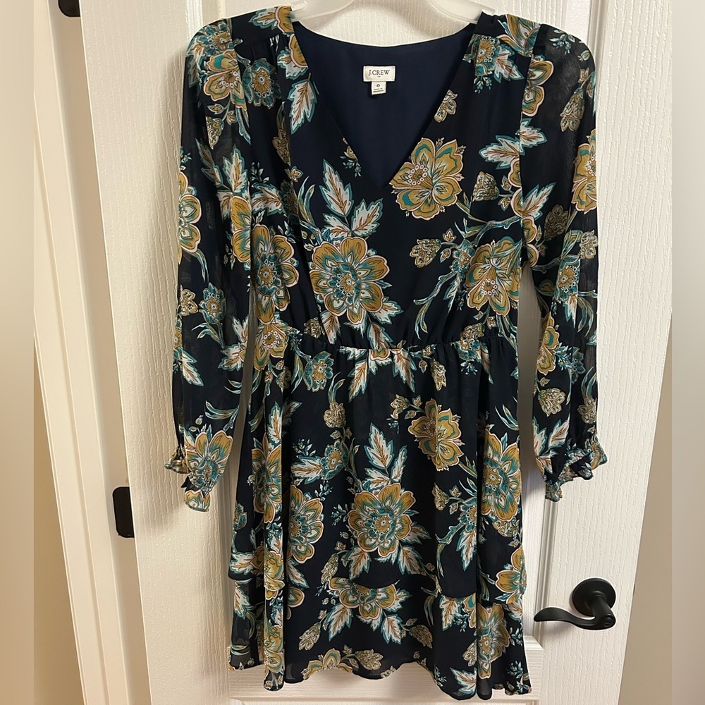 J. Crew Navy Floral Wrap-Style Long-Sleeve Dress